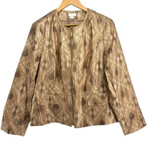 CHICO'S Metallic Foiled‎ Linen Blend Full Zip Jacket Size 2/L Gold Glam Grandma